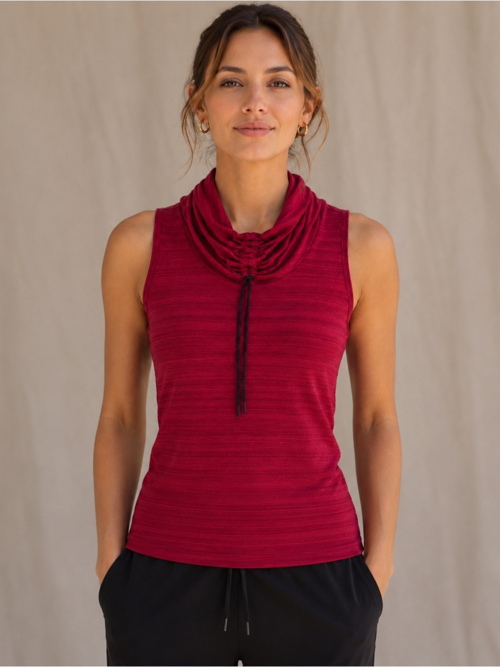 Lolë Ruched Cowl Neck Sleeveless Active Top Burgundy Necktie Size Medium EUC